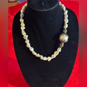 Handcrafted Freshwater Pearl Necklace w/Antique Brass chain & findings.